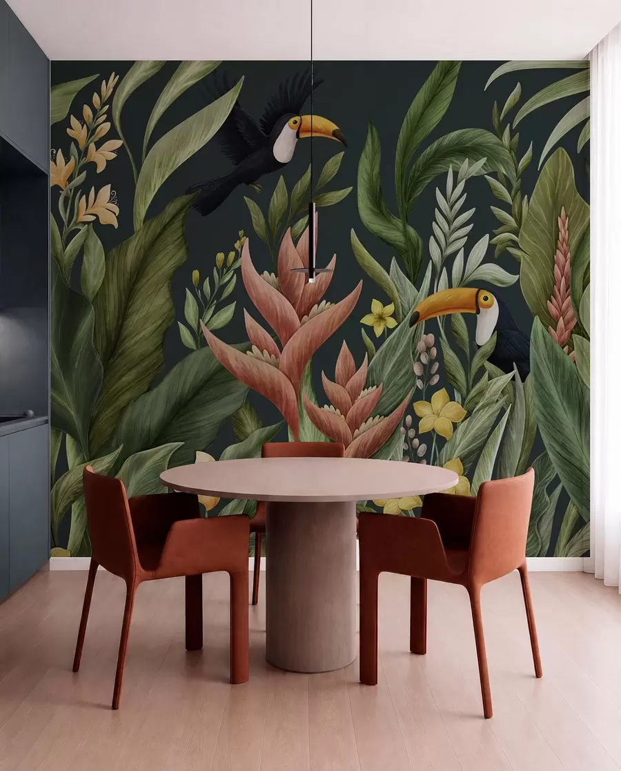 murales de pared Plantas tropicales y aves de pico grande sobre fondo oscuro w05088v2