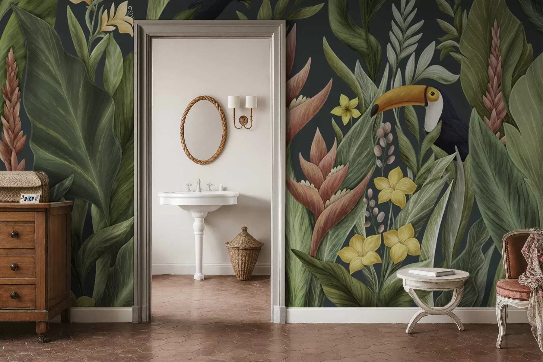 murales de pared Plantas tropicales y aves de pico grande sobre fondo oscuro w05088v2