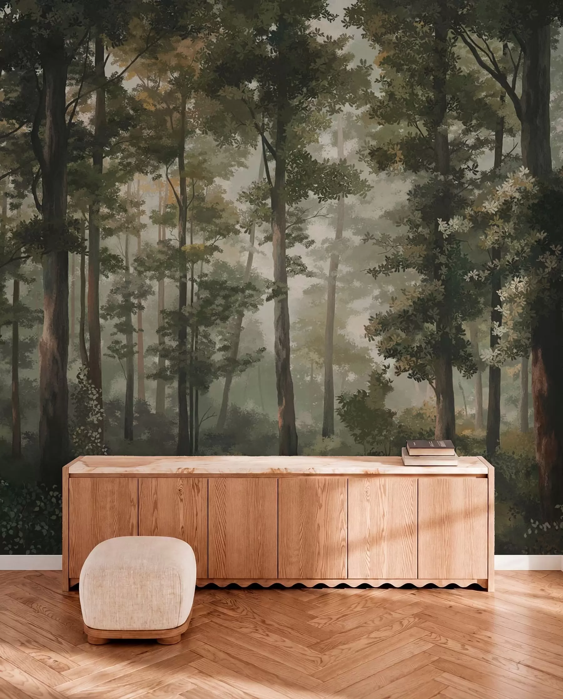 murales de pared Ilustración de un bosque con niebla, árboles altos y un sendero. w05089