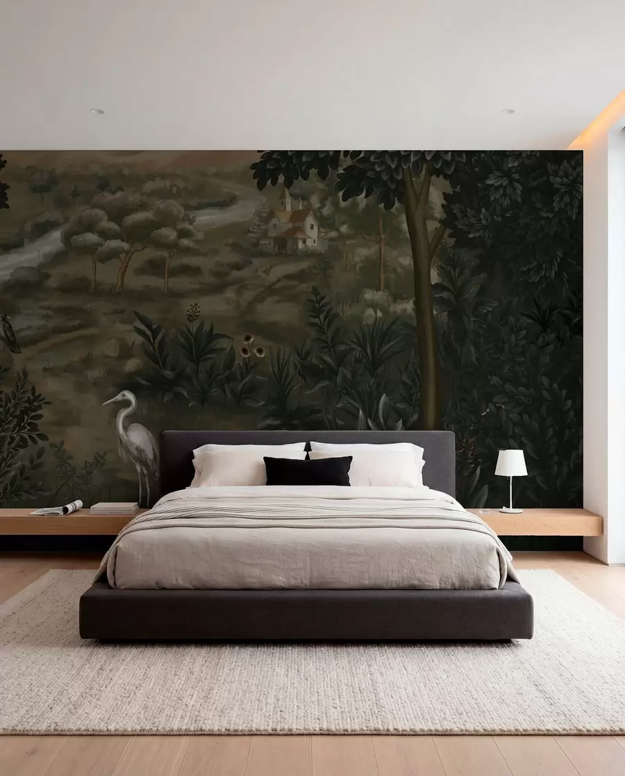 murales de pared Paisaje fantástico con río, casa y pájaros entre los árboles. w05090