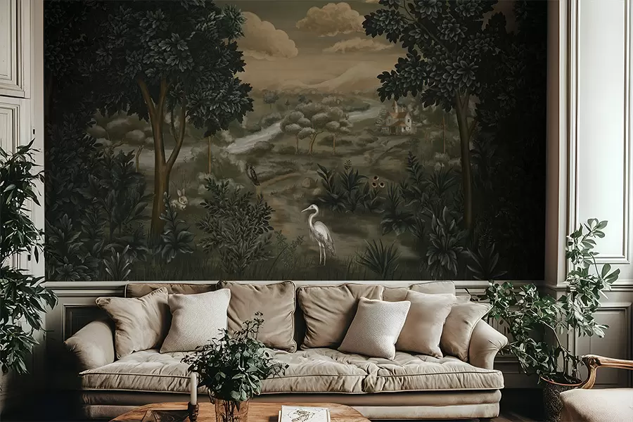murales de pared Paisaje fantástico con río, casa y pájaros entre los árboles. w05090