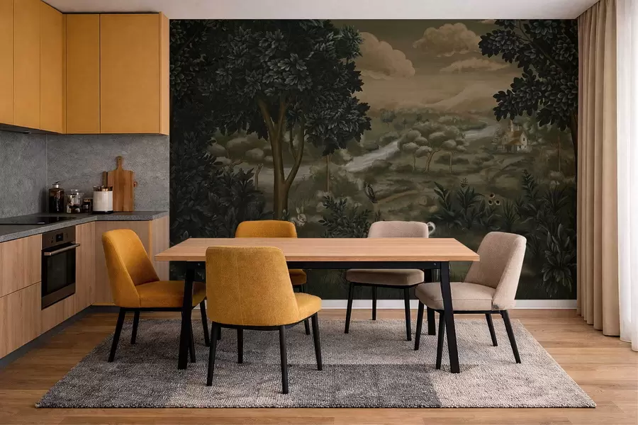 murales de pared Paisaje fantástico con río, casa y pájaros entre los árboles. w05090