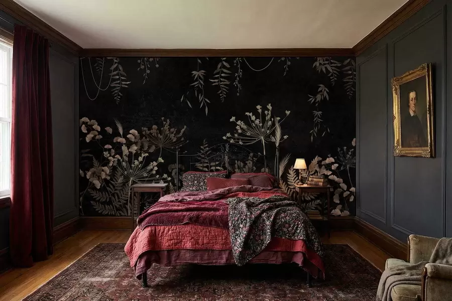 murales de pared Diseño botánico oscuro con flores y hojas. w05092