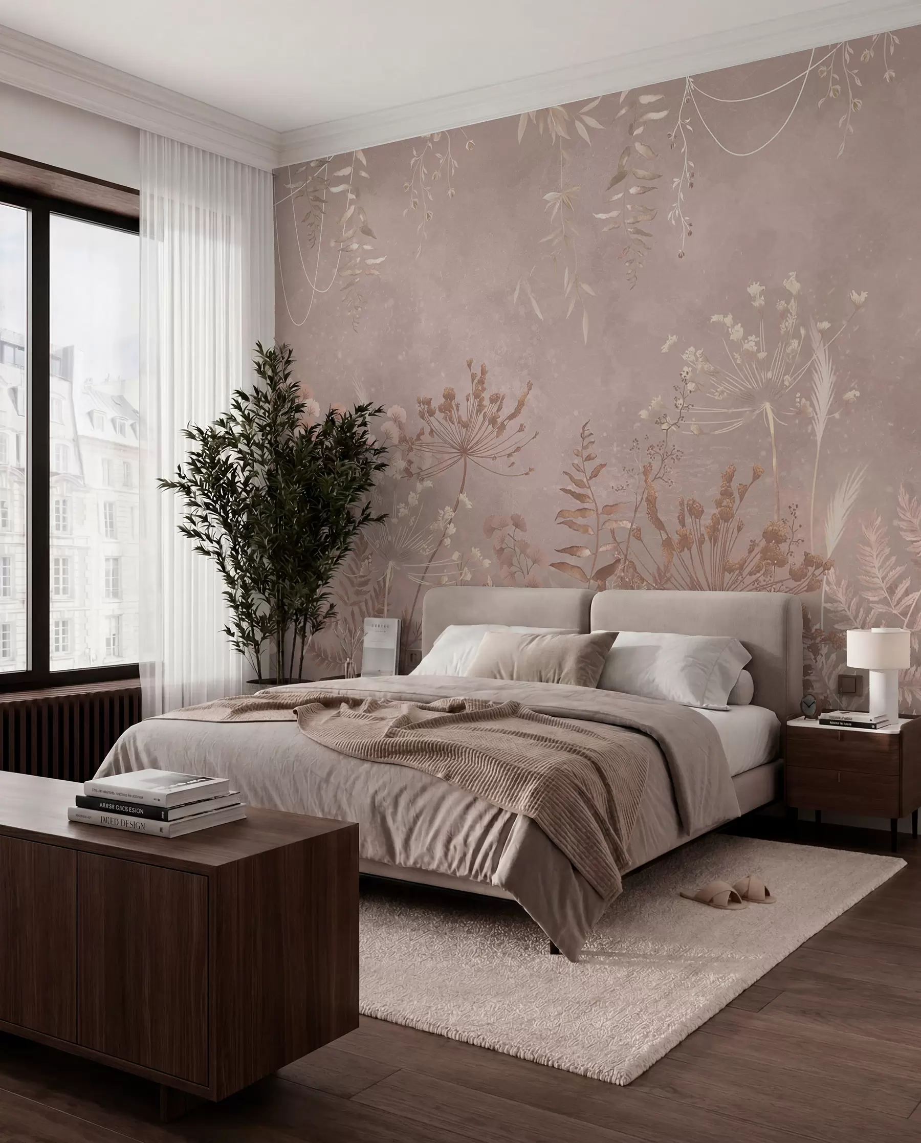 murales de pared Motivo botánico en beige suave con flores silvestres. w05092v2