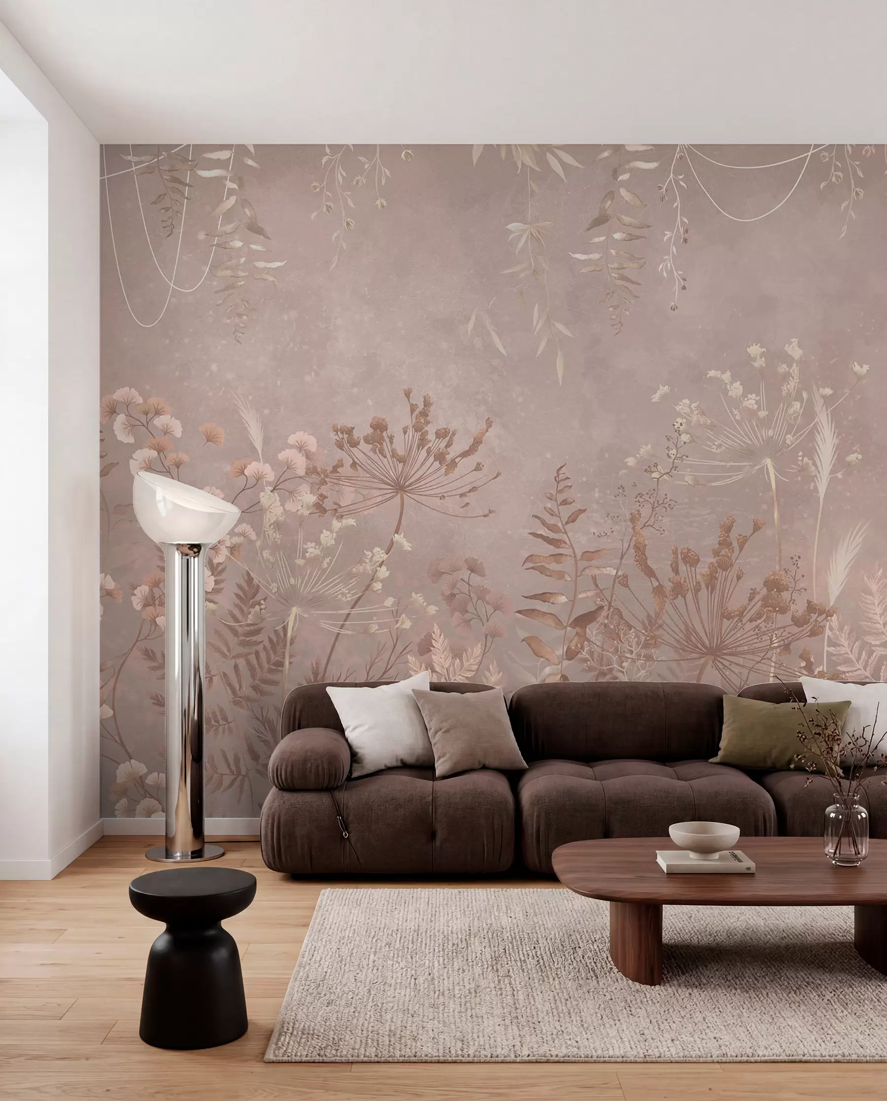 murales de pared Motivo botánico en beige suave con flores silvestres. w05092v2