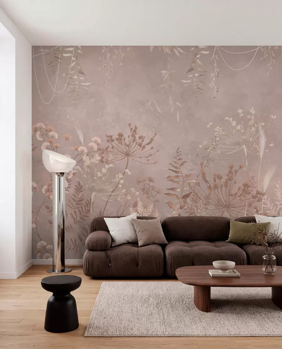 murales de pared Motivo botánico en beige suave con flores silvestres. w05092v2