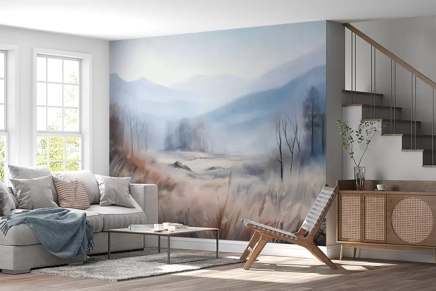 murales de pared Paisaje con textura, con hierba seca en primer plano y árboles al fondo, con montañas en la distancia. w09542