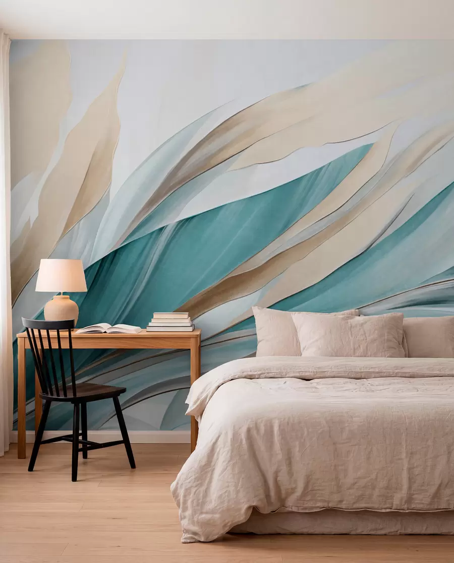 murales de pared Ondas abstractas fluidas de color verde azulado y amarillo, con formas y líneas finas, sobre un fondo blanco, arte texturizado. w09585