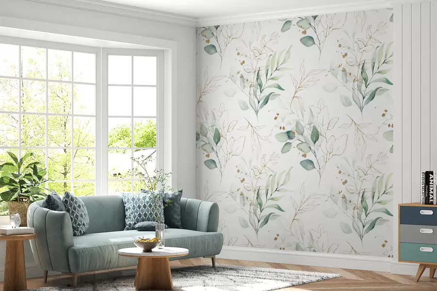 murales de pared Hojas verdes en estilo acuarela u71464