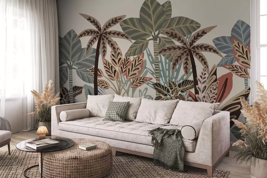 murales de pared Plantas tropicales con textura y palmeras con colores apagados en estilo boho decorativo sobre un fondo crema. w09639