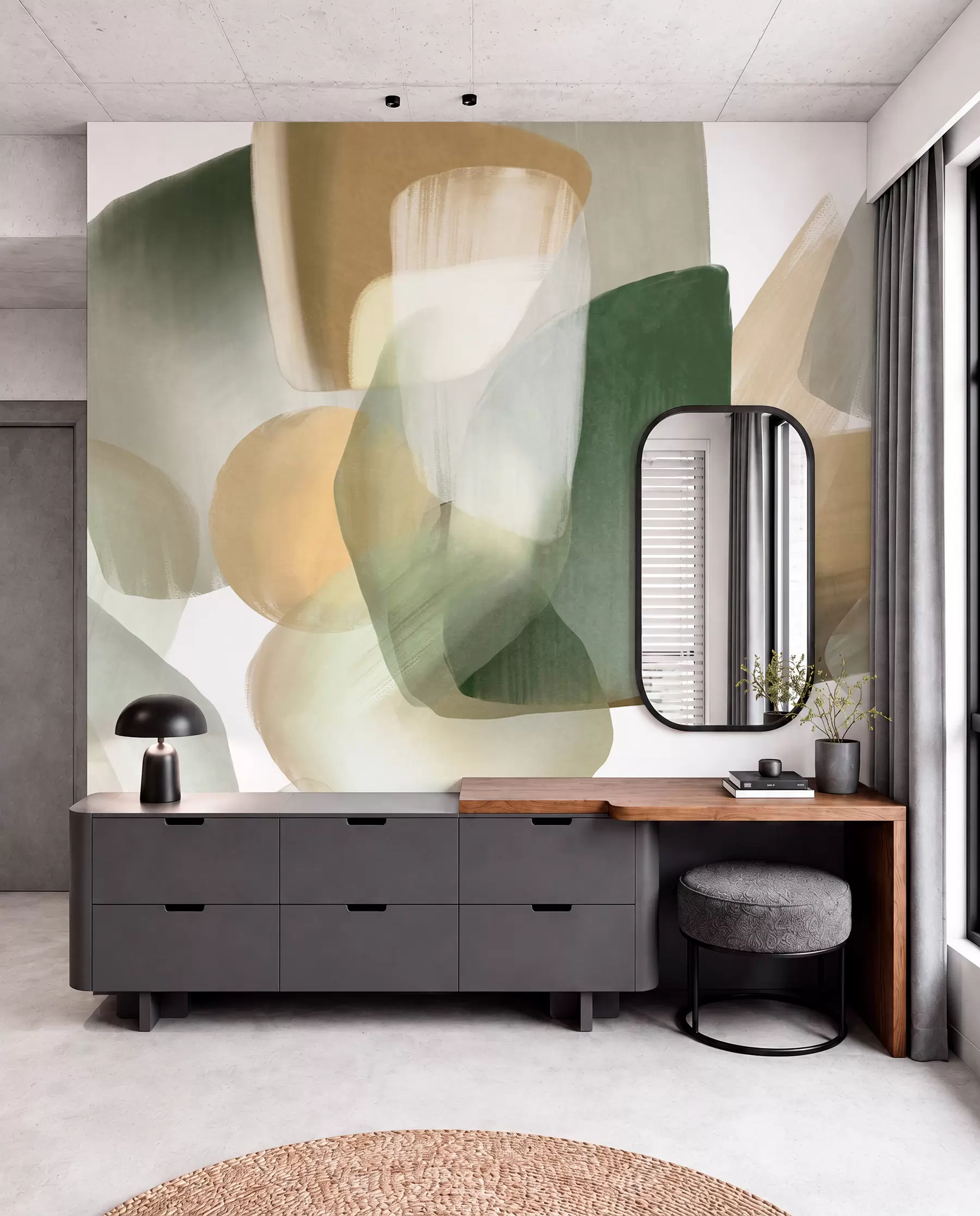 murales de pared Formas abstractas con textura en colores verde y beige apagados, con bordes suaves y capas superpuestas. w09642