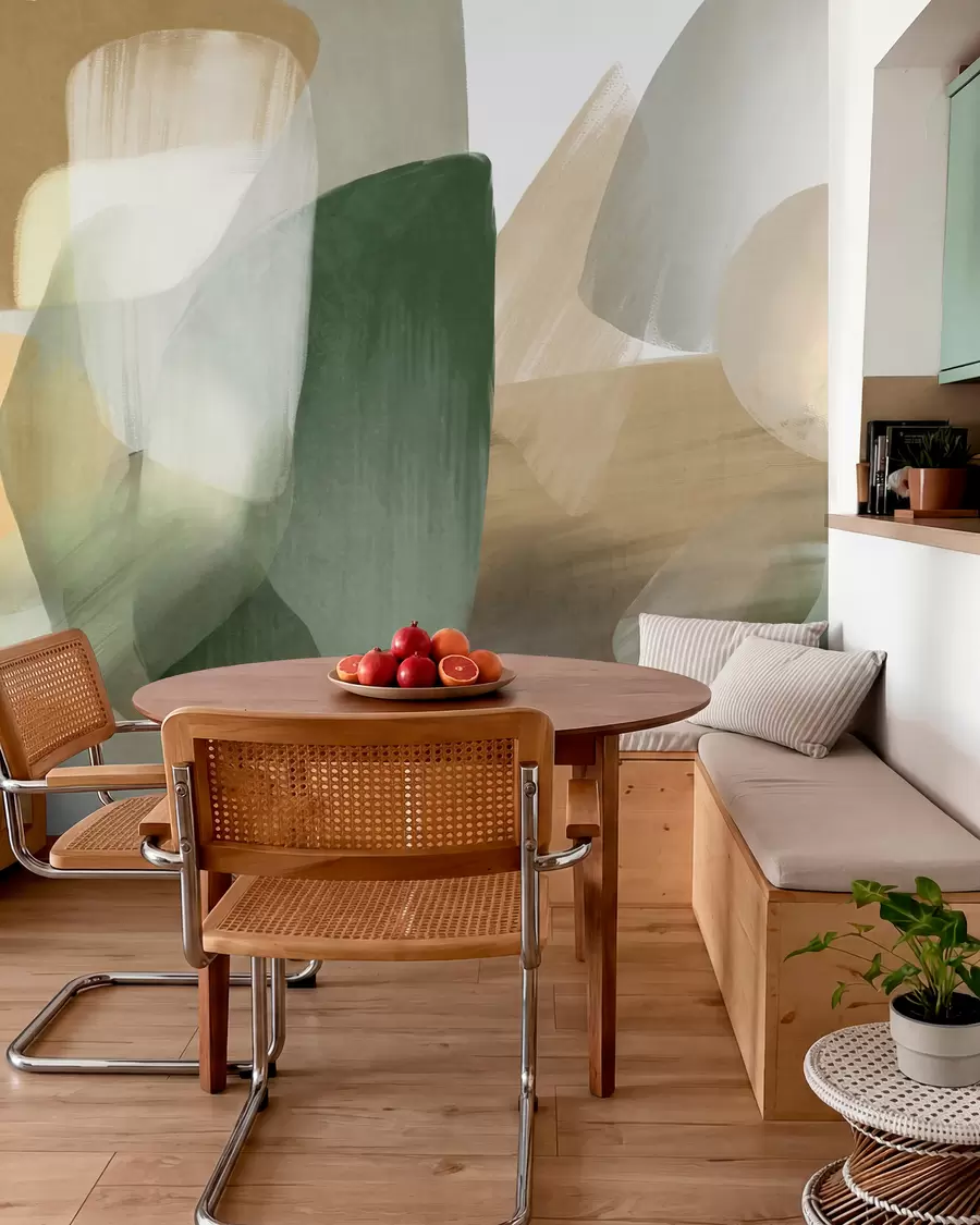 murales de pared Formas abstractas con textura en colores verde y beige apagados, con bordes suaves y capas superpuestas. w09642