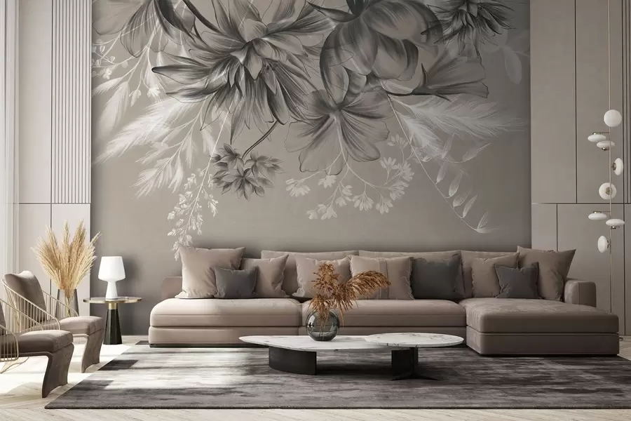 murales de pared Flores y helechos texturizados en tonos gris oscuro y blanco sobre un fondo beige apagado, estilo de dibujo. w09644
