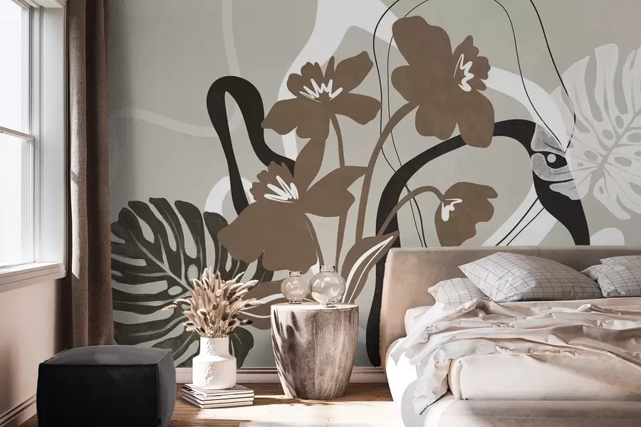 murales de pared Flores marrones abstractas con textura y formas blancas y negras sobre fondo beige, arte minimalista. w09645v1