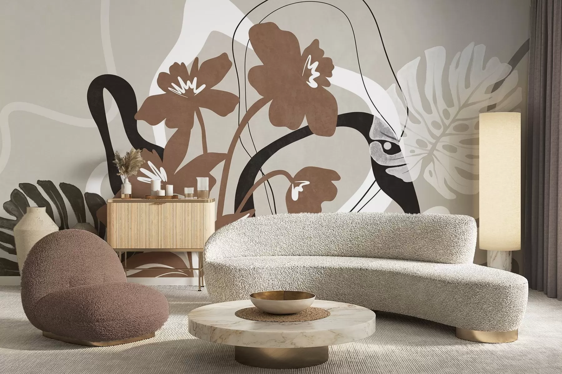 murales de pared Flores marrones abstractas con textura y formas blancas y negras sobre fondo beige, arte minimalista. w09645v1