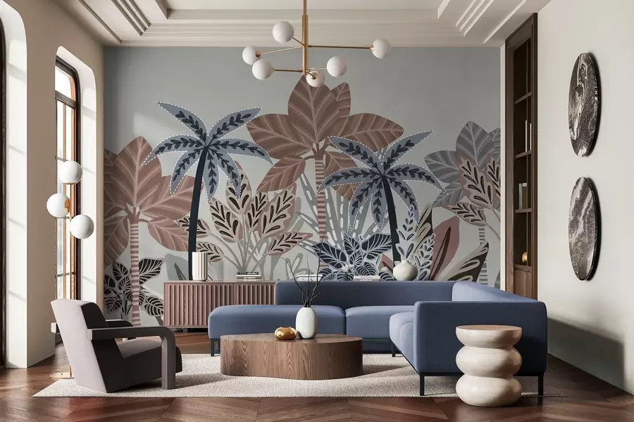 murales de pared Plantas tropicales y palmeras con textura y colores apagados en estilo boho decorativo sobre un fondo gris. w09639v1