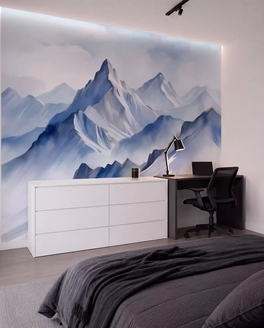murales de pared Montañas nevadas con textura, un suave efecto acuarela y una paleta de colores azul y blanco. w09630