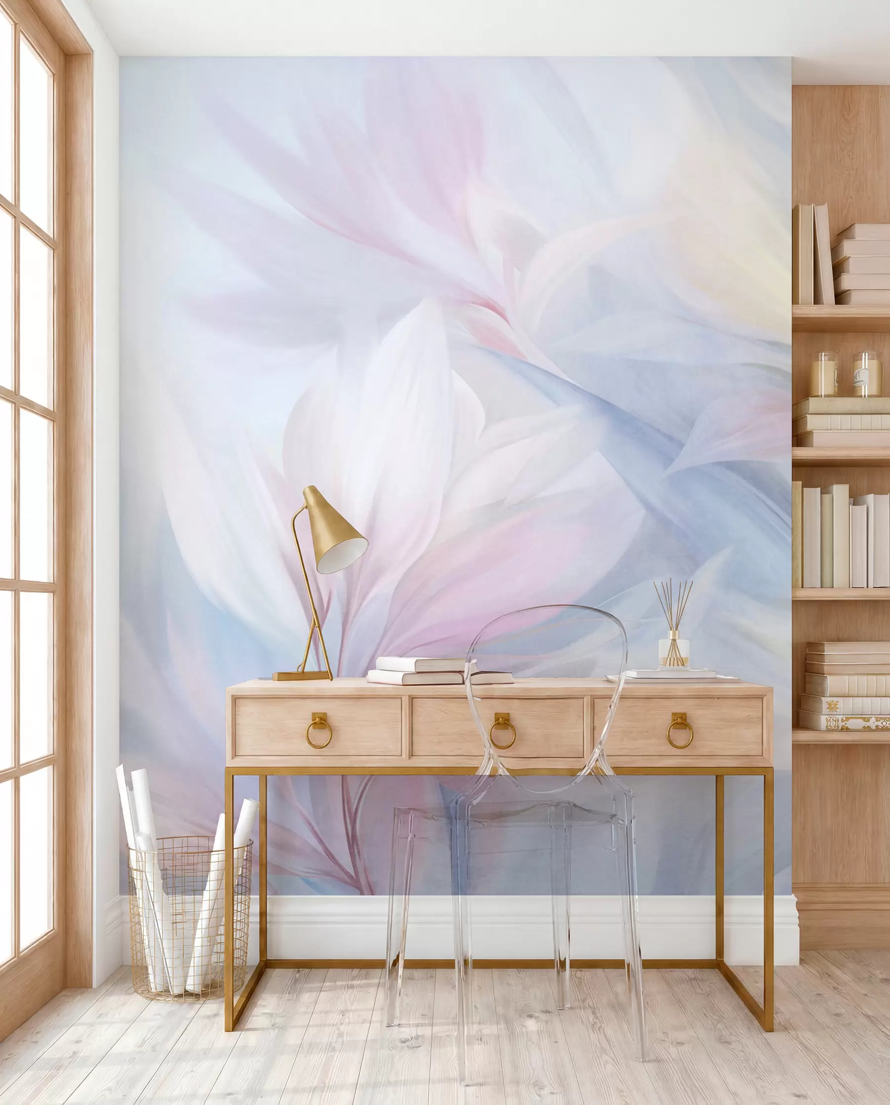 murales de pared Hojas suaves en tonos pastel y plumas en tonos rosa, azul y amarillo, estampado abstracto y con textura. w09634