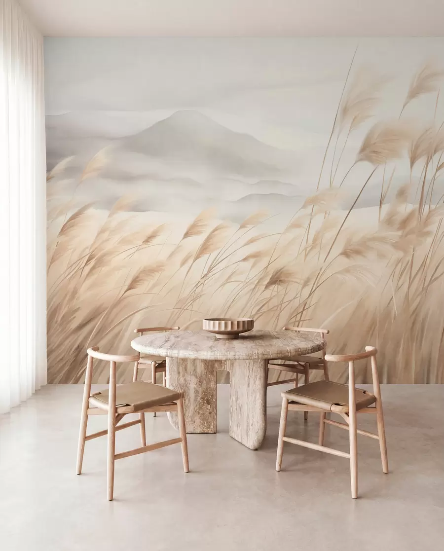 murales de pared Paisaje montañoso con textura, con hierba alta y seca bajo un cielo brumoso. w09649