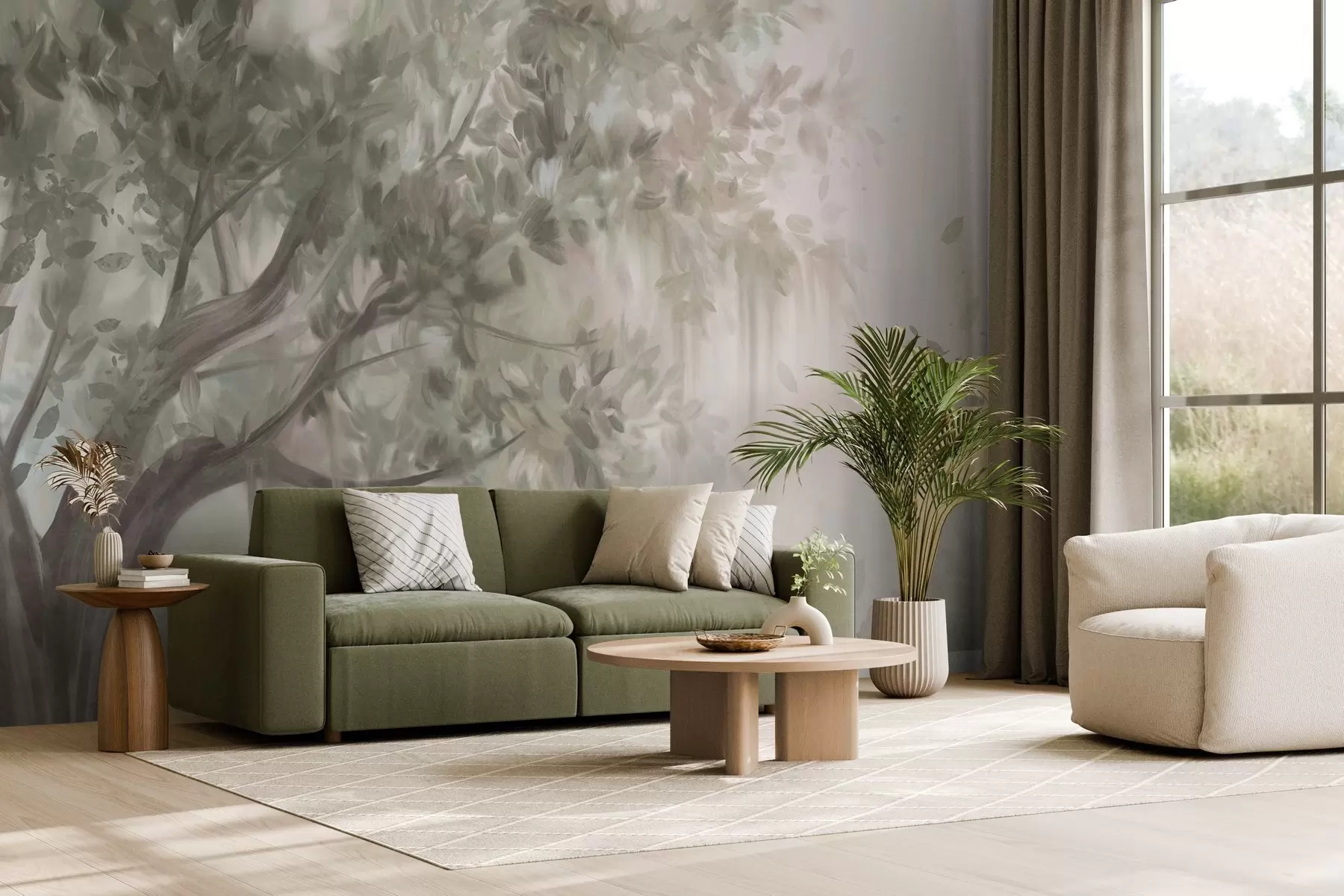 murales de pared Árbol texturizado con hojas y ramas de color verde claro, con un fondo suave y difuminado. w09650