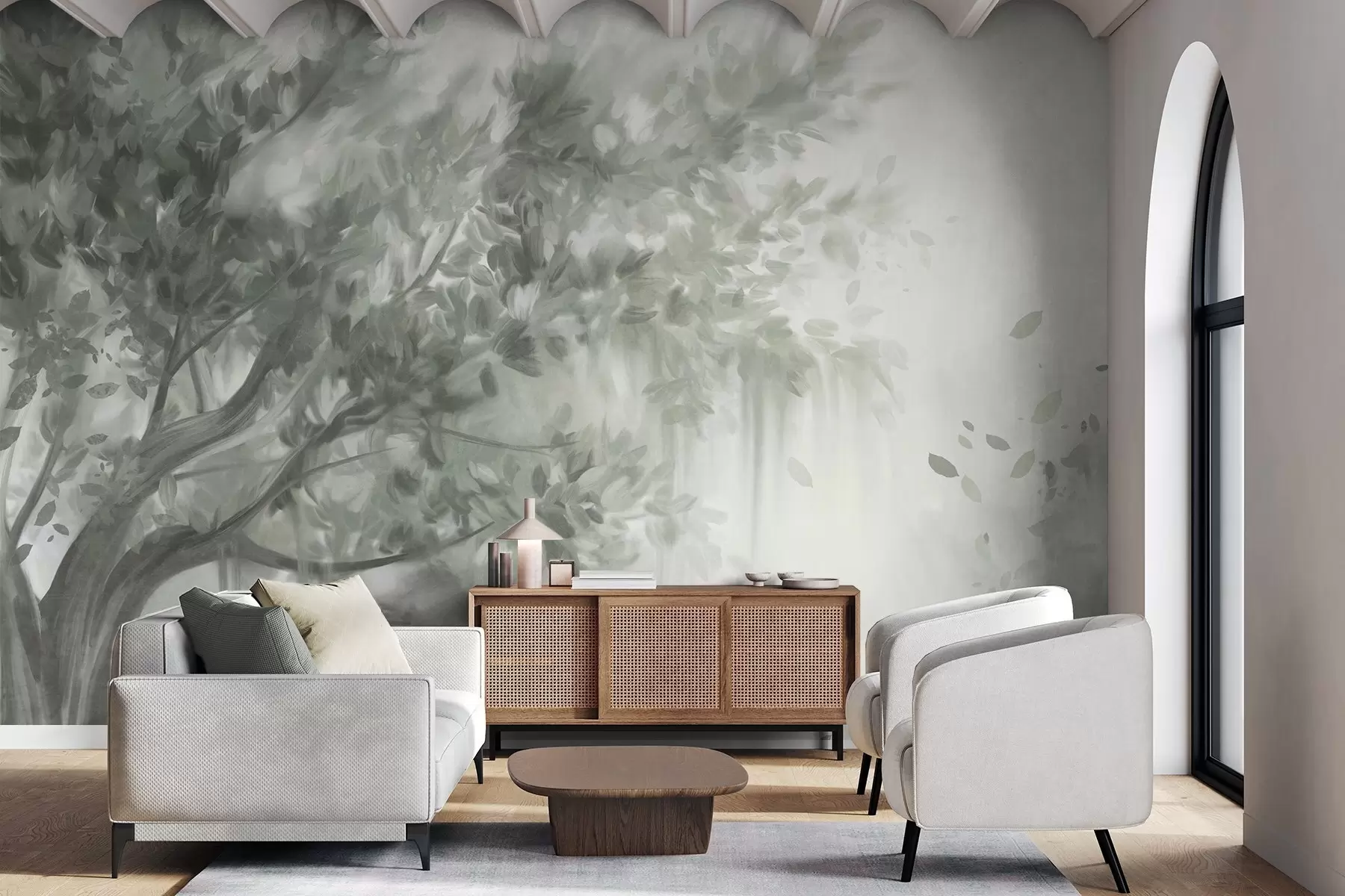 murales de pared Árbol texturizado con hojas y ramas verdes, con un fondo suave y difuminado. w09650v1