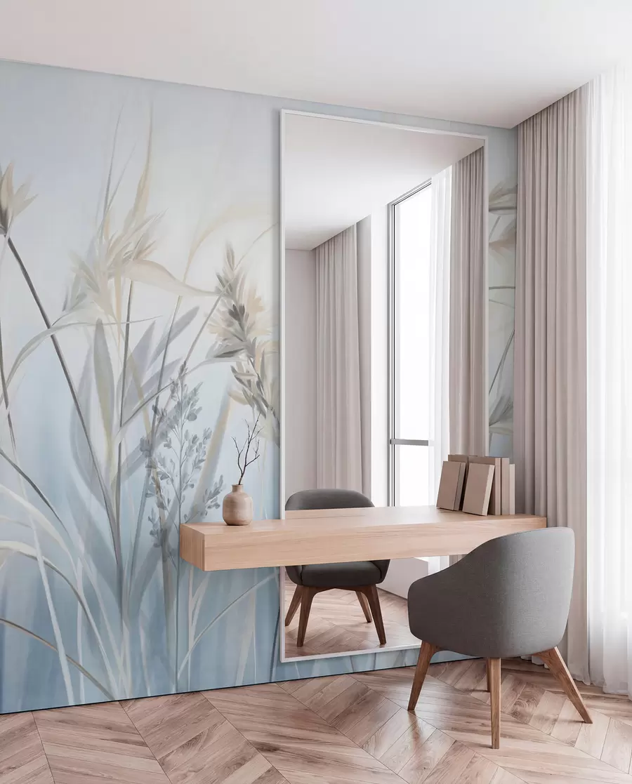 murales de pared Tallos altos y secos de hierba con puntas plumosas en tonos apagados, fondo azul y blanco suave y difuminado. w09652