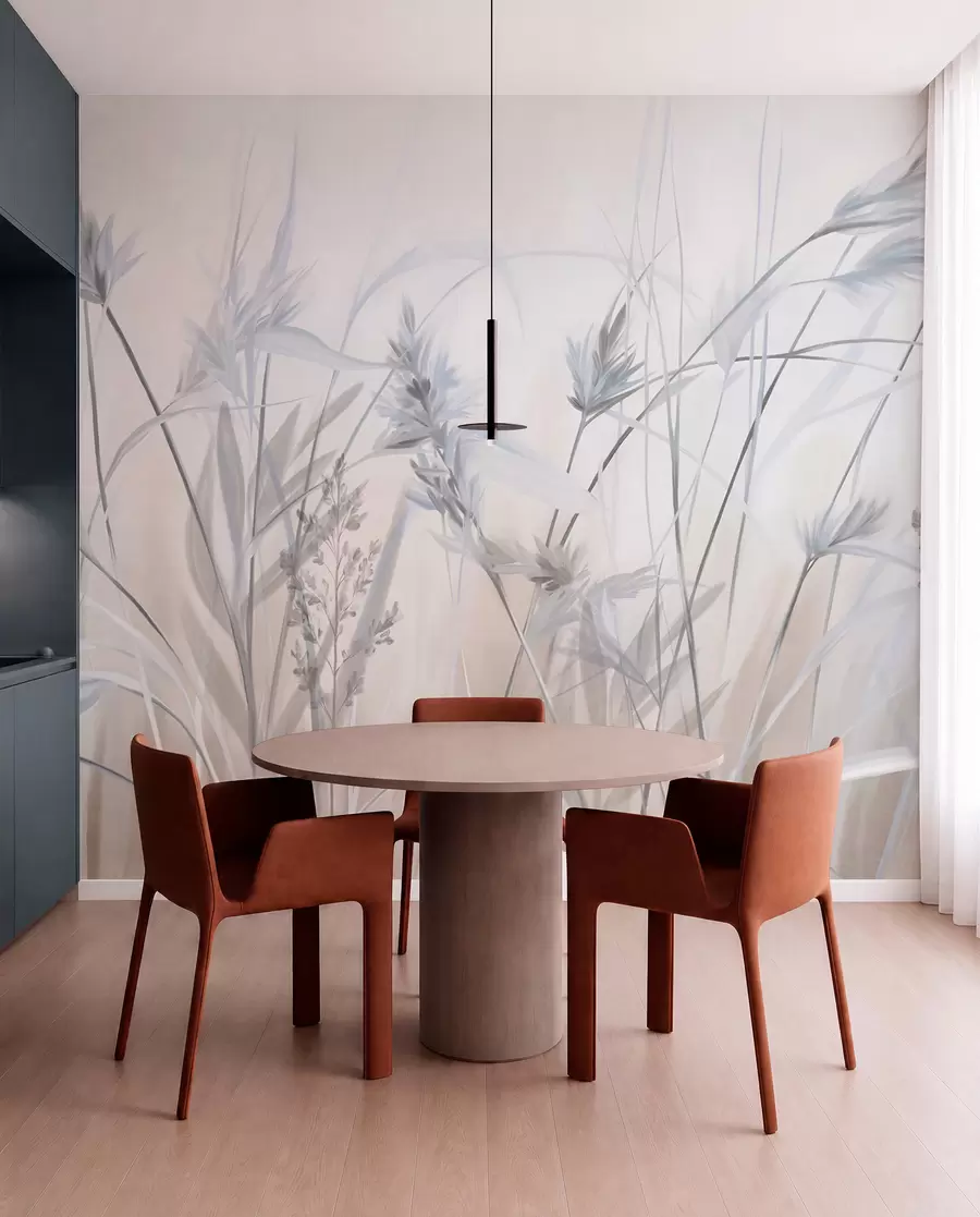 murales de pared Tallos altos y secos de hierba con puntas plumosas en tonos apagados, fondo blanco y beige suave y difuminado. w09652v1