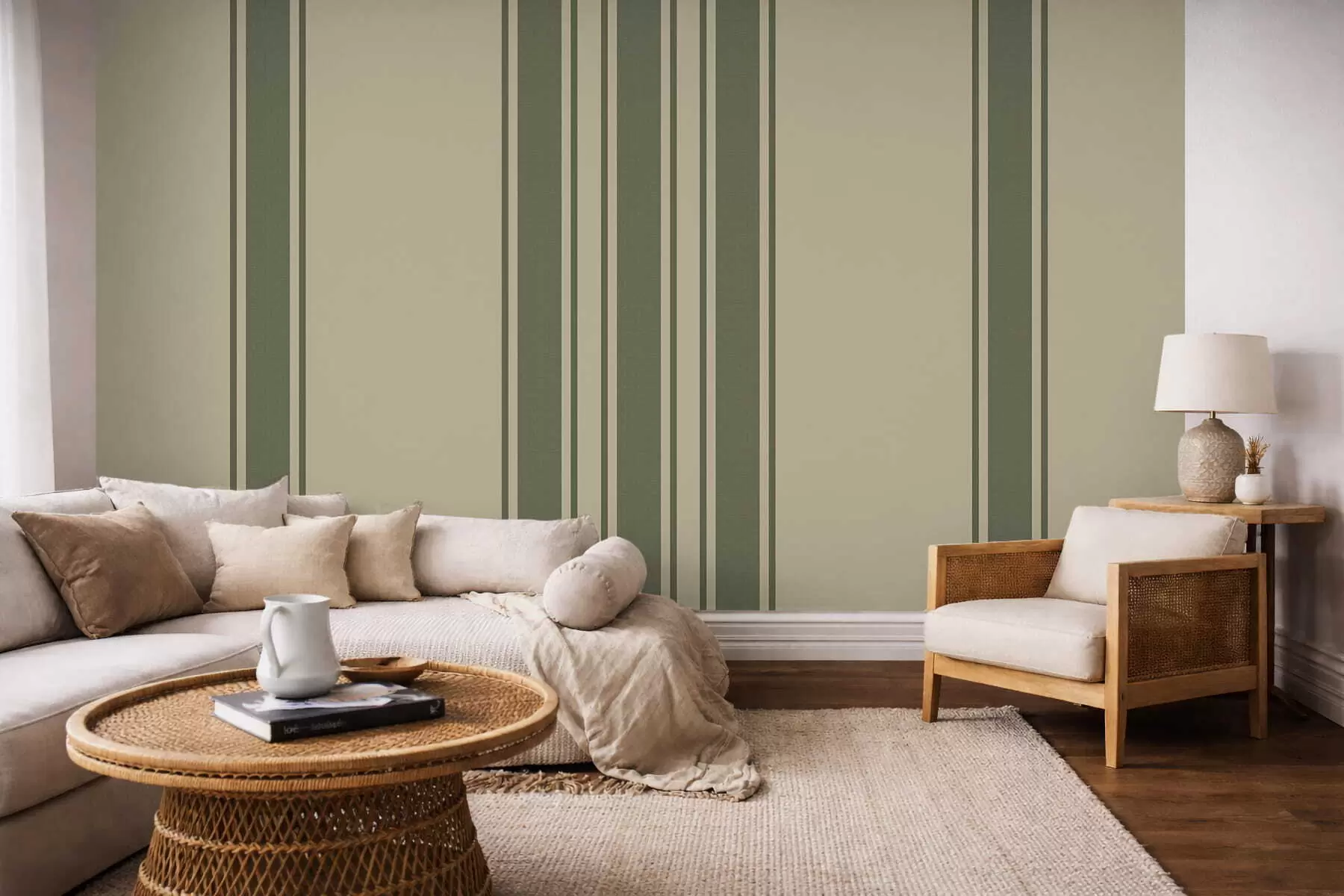 murales de pared Rayas verticales en tonos verdes apagados y beige. w05098