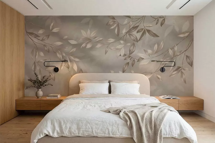 murales de pared Elegantes ramas frondosas en tonos beige sobre un fondo claro. w05113