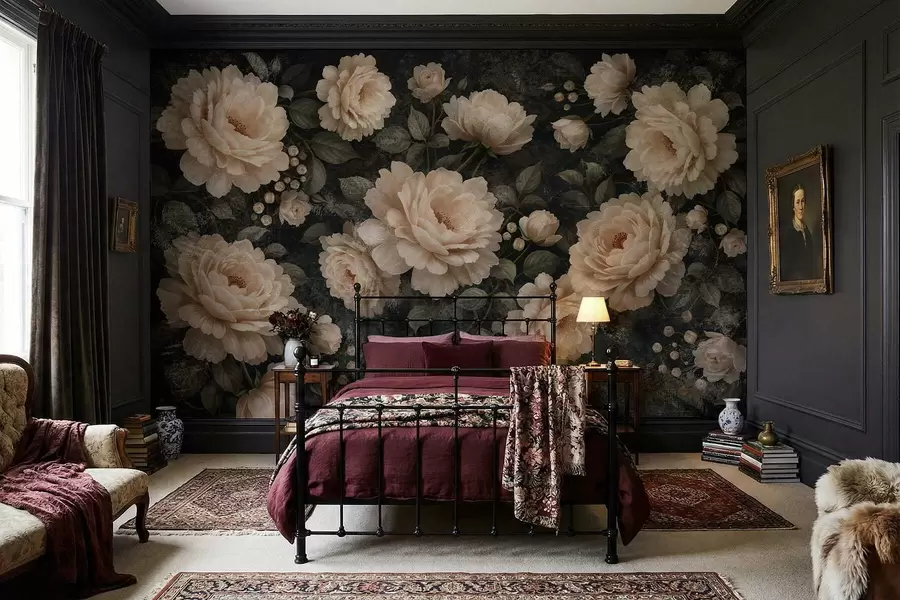 murales de pared Flores voluminosas en tonos beige sobre fondo oscuro. w05114