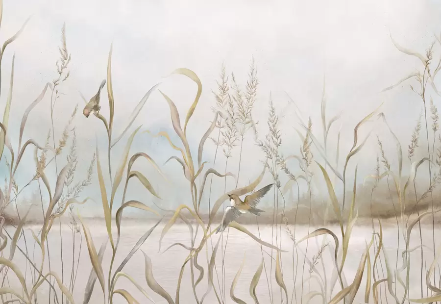 murales de pared Ilustración de juncos y pájaros junto al agua en tonos suaves. w05125