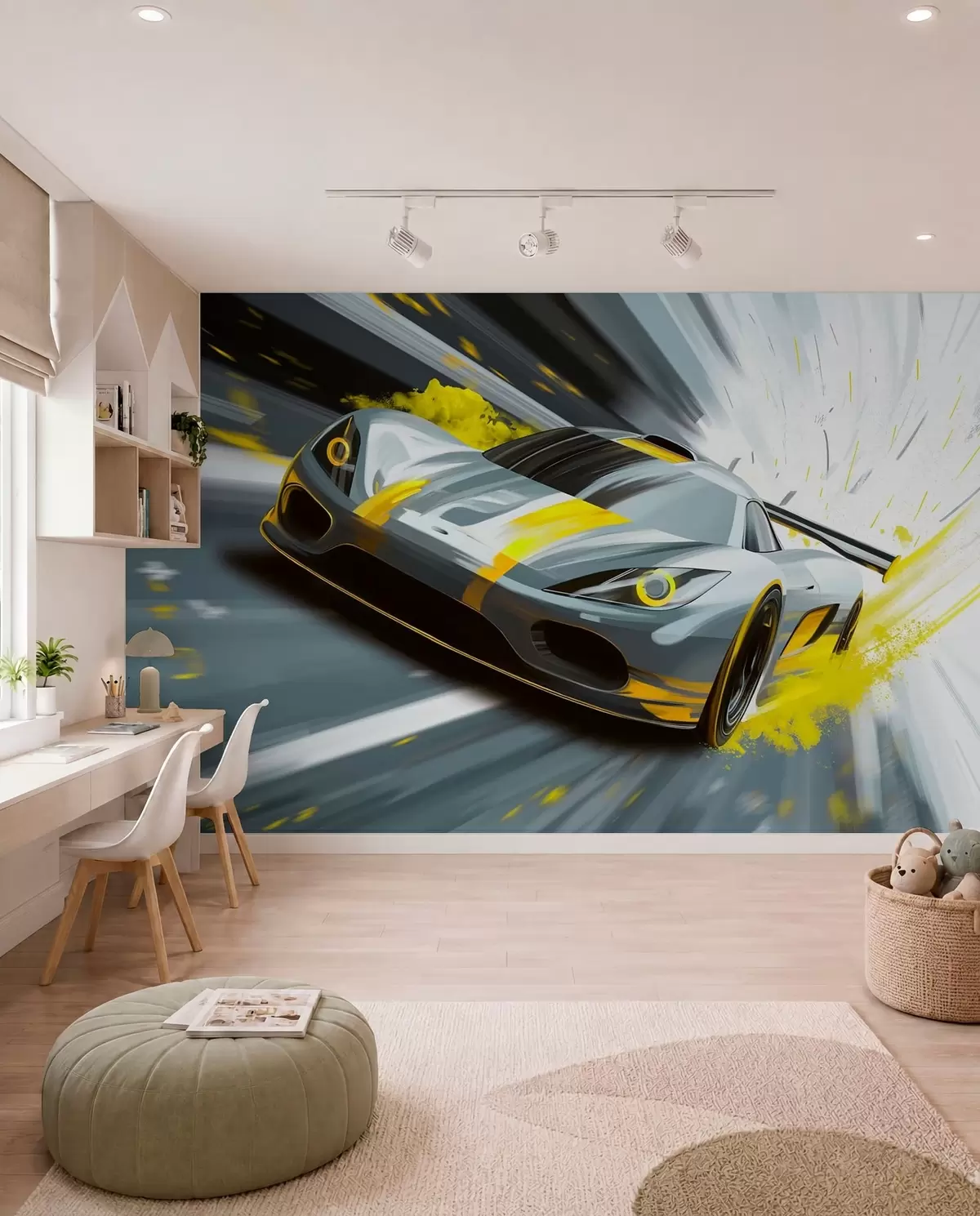 murales de pared Coche deportivo dinámico con estilo de dibujo digital y detalles en amarillo. w05069v2