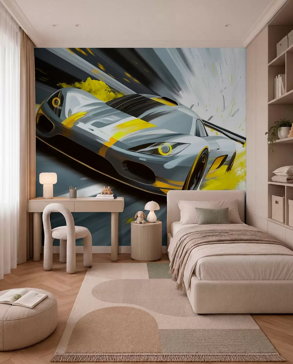 murales de pared Coche deportivo dinámico con estilo de dibujo digital y detalles en amarillo. w05069v2