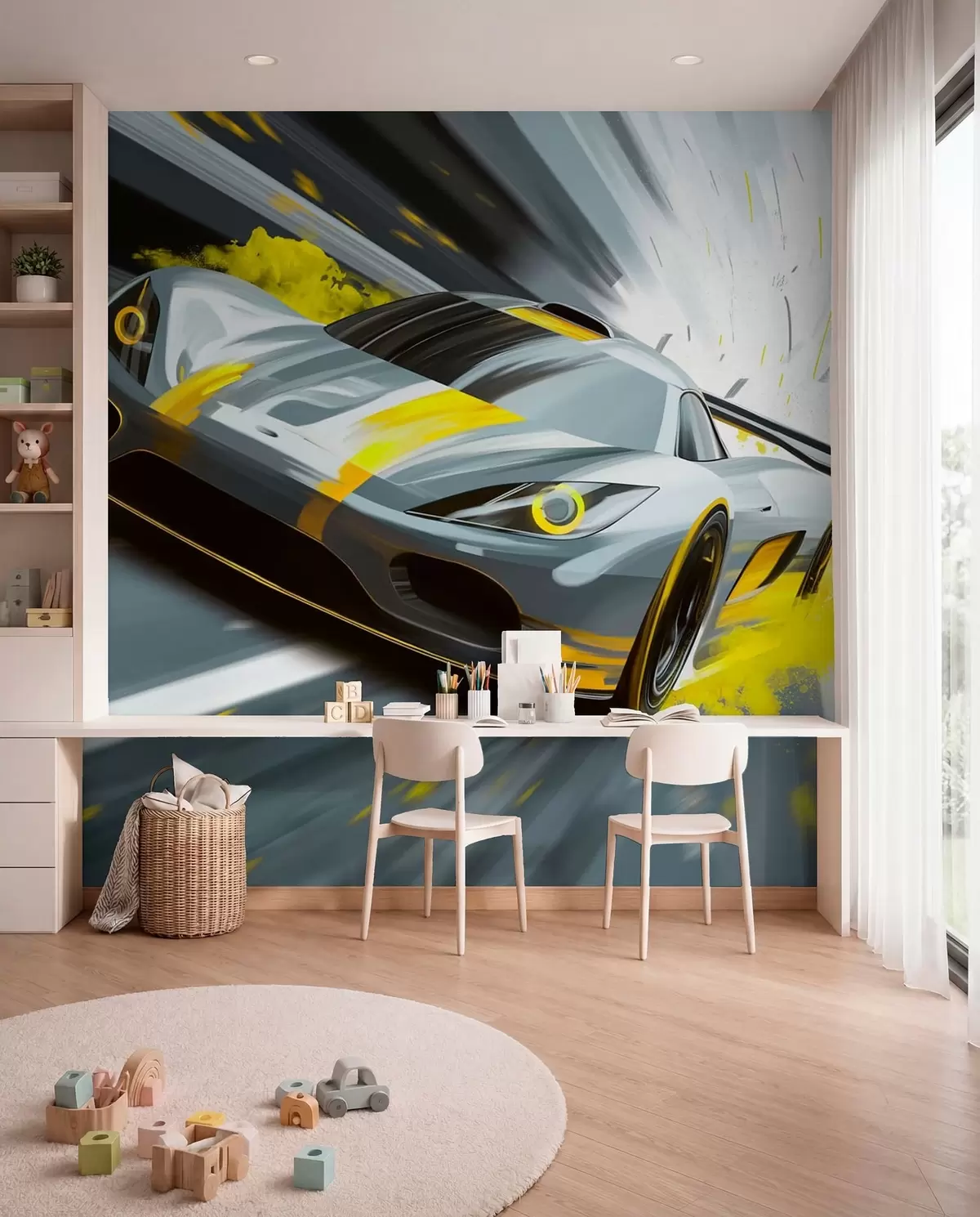 murales de pared Coche deportivo dinámico con estilo de dibujo digital y detalles en amarillo. w05069v2