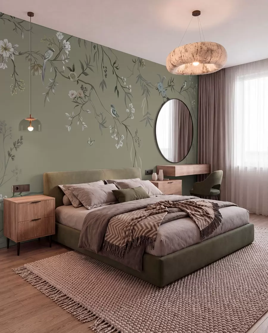 murales de pared Motivo floral con pájaros sobre fondo gris w05127v4