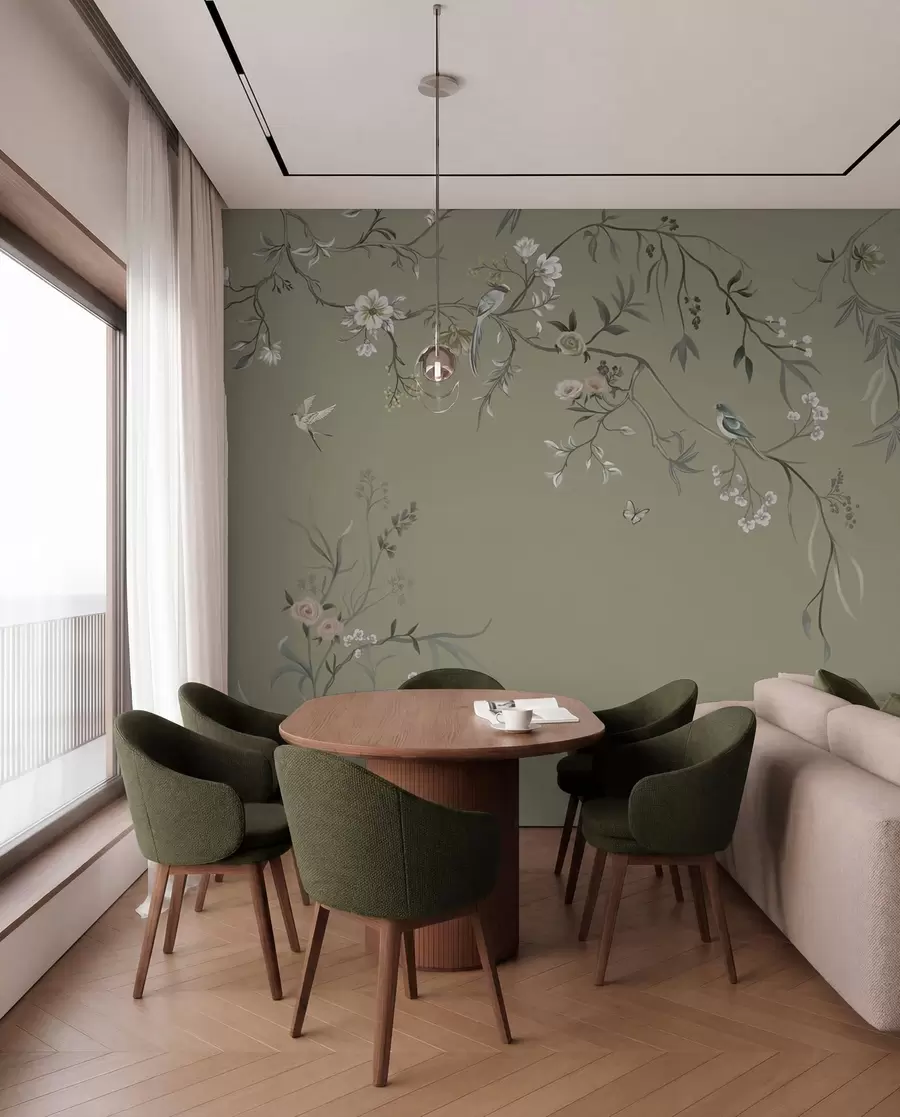 murales de pared Motivo floral con pájaros sobre fondo gris w05127v4