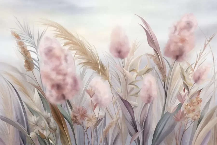 murales de pared Hierba de la pampa rosa y beige y otras flores secas con un cielo suave y brumoso al fondo. w09635