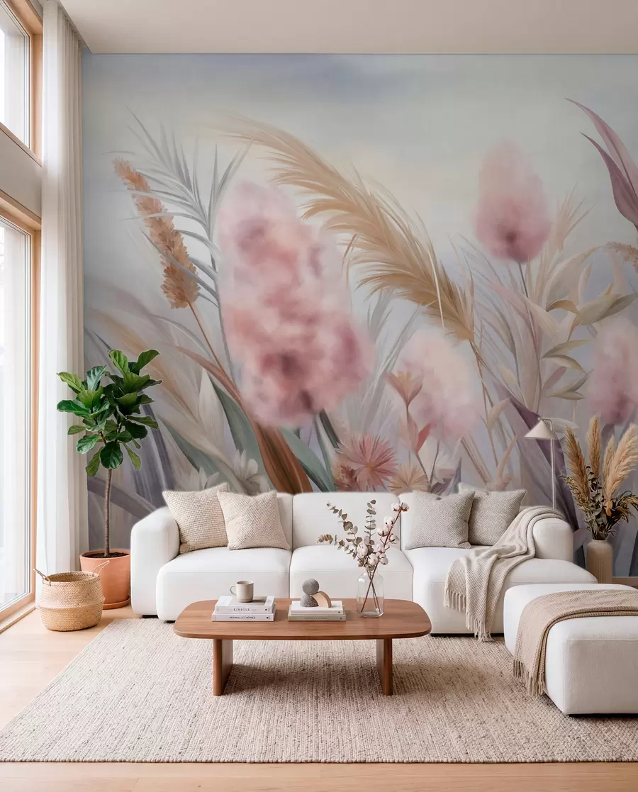 murales de pared Hierba de la pampa rosa y beige y otras flores secas con un cielo suave y brumoso al fondo. w09635