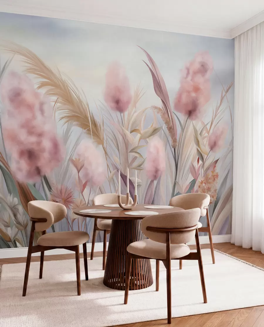 murales de pared Hierba de la pampa rosa y beige y otras flores secas con un cielo suave y brumoso al fondo. w09635