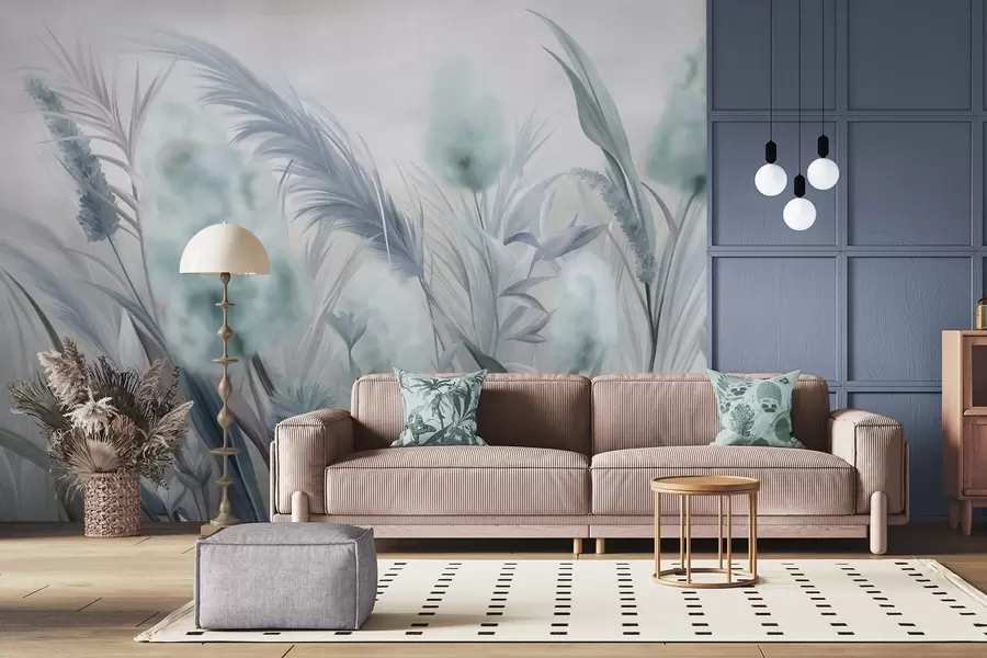 murales de pared Hierba de la pampa azul y gris y otras flores secas con un cielo suave y brumoso al fondo. w09635v1