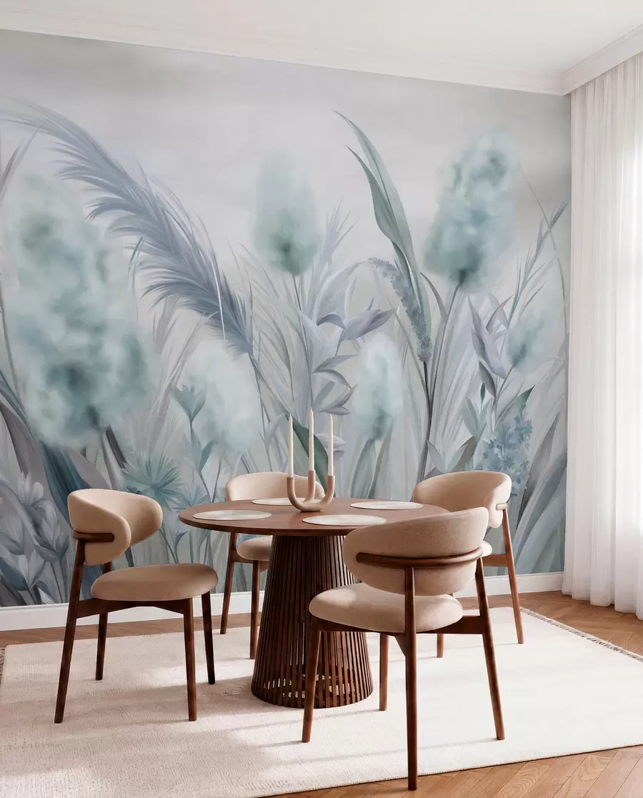 murales de pared Hierba de la pampa azul y gris y otras flores secas con un cielo suave y brumoso al fondo. w09635v1