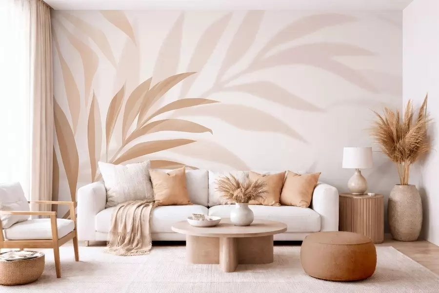 murales de pared Grandes hojas de palmera curvadas en tonos beige y marrón. w05211