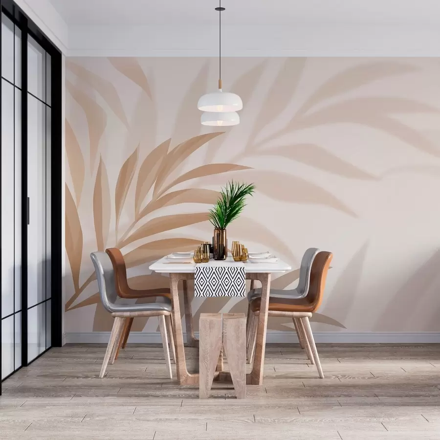 murales de pared Grandes hojas de palmera curvadas en tonos beige y marrón. w05211