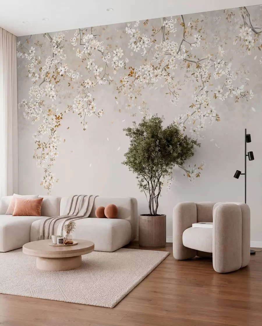 murales de pared Ramas con flores blancas sobre un fondo beige suave. w05129