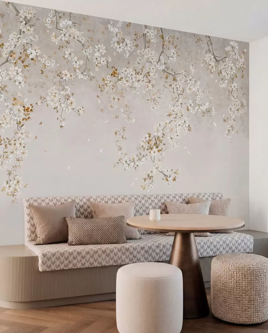 murales de pared Ramas con flores blancas sobre un fondo beige suave. w05129