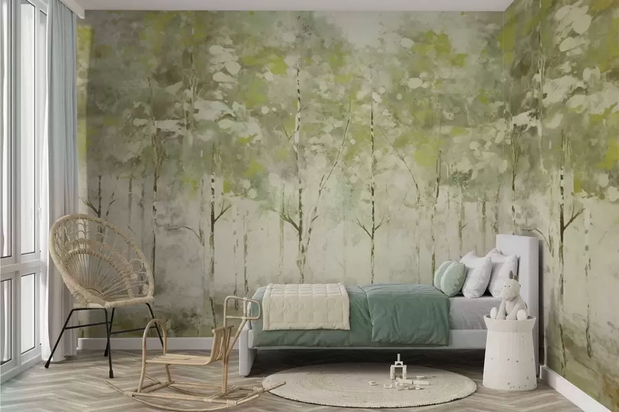 murales de pared Bosque estilizado con árboles esbeltos en tonos verdes. w05221v1