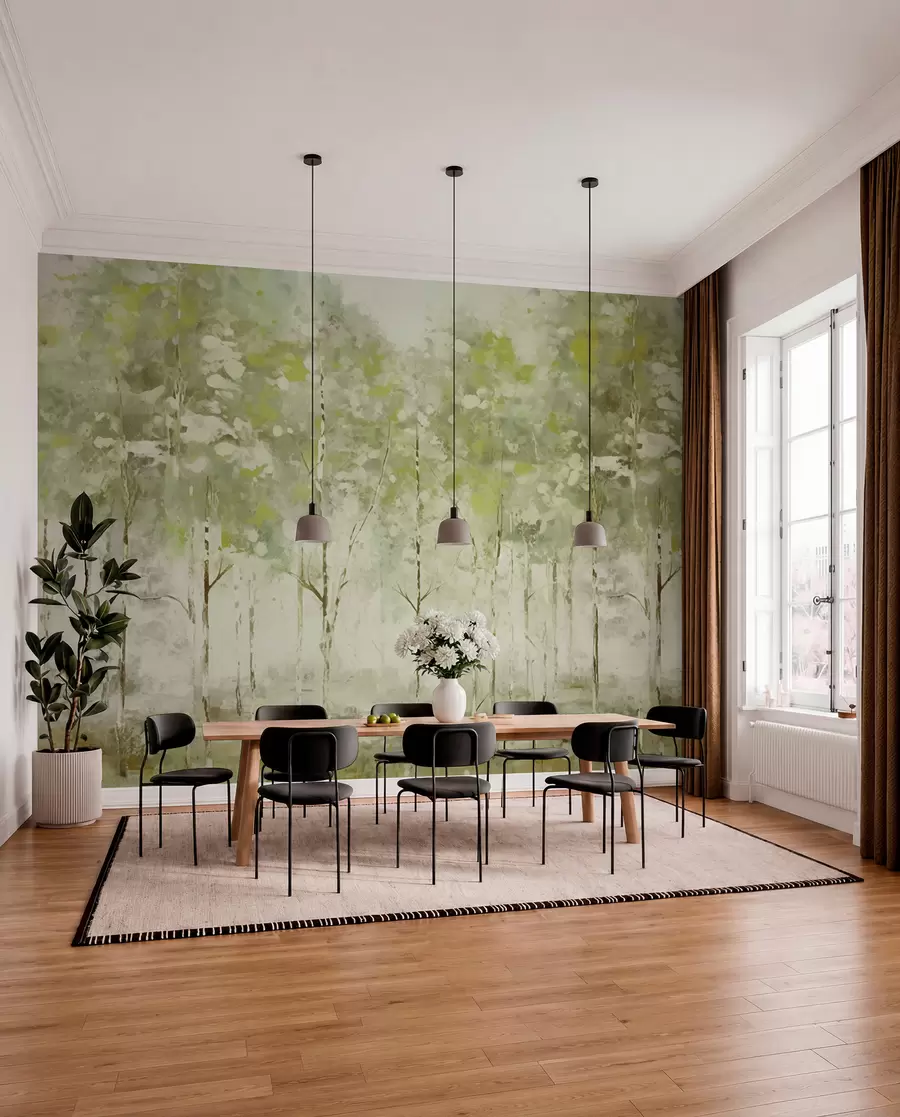 murales de pared Bosque estilizado con árboles esbeltos en tonos verdes. w05221v1