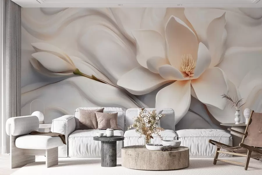 murales de pared Magnolia blanca tridimensional con imitación de textura de mármol en relieve. w09729