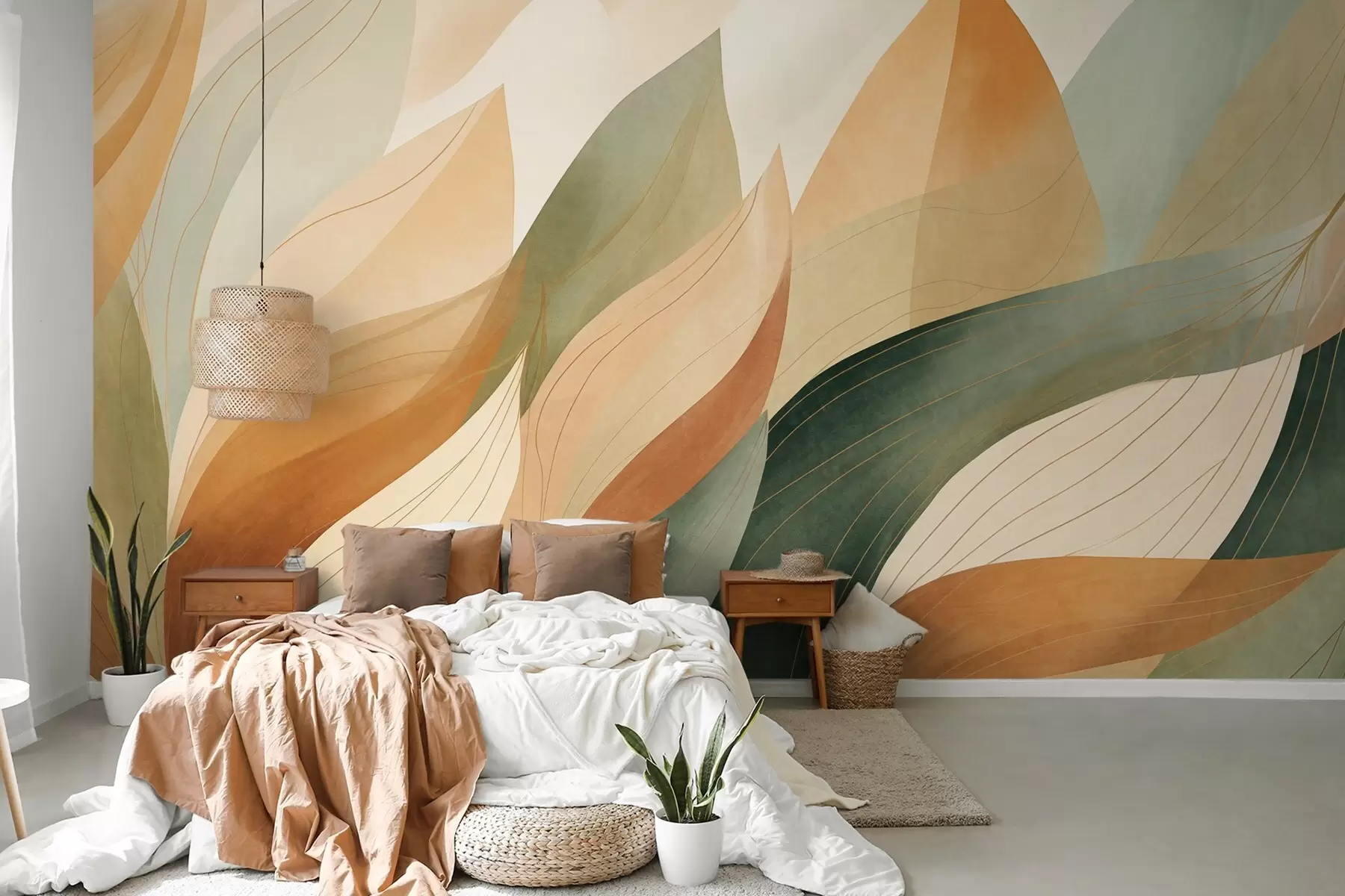 murales de pared Hojas abstractas, tonos tierra apagados de verde y naranja con delicados detalles lineales, textura suave de acuarela. w09736