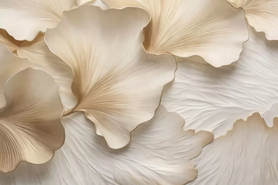 murales de pared Pétalos de hojas de ginkgo texturizados, de color beige y blanco, con un delicado estampado orgánico. w09741